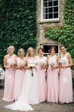 A Line Pink One Shoulder Chiffon Long Simple Bridesmaid Dresses, Wedding Party Dresses STI15552