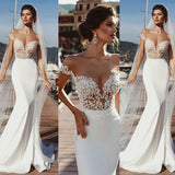 Stunning Mermaid Cap Sleeve Sheer Neck Long Wedding Dresses Beach Wedding Gowns STI15437