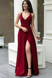 Charming A Line V Neck Burgundy Satin Prom Dresses, Simple Evening Dresses STI15505
