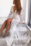 Long Sleeves Mermaid Lace V Neck Wedding Dresses with Slit, Wedding STI20423