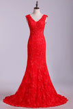 2024 V-Neck Tulle Evening Dresses Mermaid With Applique PS3SES4D