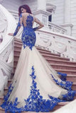 Mermaid Royal Blue Scoop Appliques Tulle Prom Dresses Long Evening STI20464