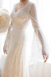 Unique V Neck Lace-up Mermaid Back Bridal Dresses Ivory Lace Trumpet Sleeve Wedding Dresses STI15469