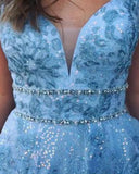 Elegant A Line Lace Appliques Blue V Neck Prom Dresses, Long Evening STI15635