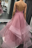 Glitter Spaghetti Straps Ruffled Prom Dresses Backless Formal STIPF95JE3C