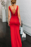 Simple Spaghetti Straps Red Mermaid V Neck Prom Dress with High Slit, Open Back Dance Dress STI15401