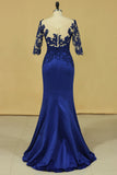 2024 Bateau Dark Royal Blue Mother Of The Bride Dresses 3/4 Length Sleeve With Applique Satin Dark Royal PRJDQM4H