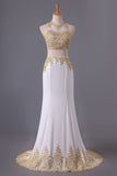 2024 Two-Piece Scoop Mermaid Prom Dresses Chiffon With Gold P3KKGSTD