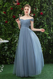 Cheap Off The Shoulder Tulle Long Prom Dress With Short Sleeves Simple PYL81S6E
