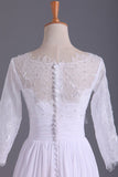 2024 Bateau 3/4 Length Sleeve A Line Wedding Dresses Chiffon With Applique & Handmade PDMZEK1M