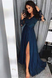 Pretty Long Sleevesl Navy Blue Lace Front Split Prom Dresses PXCJ413H