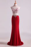 2024 Hot High Neck Prom Dresses Sheath Lace & Spandex Sweep P836RFS3