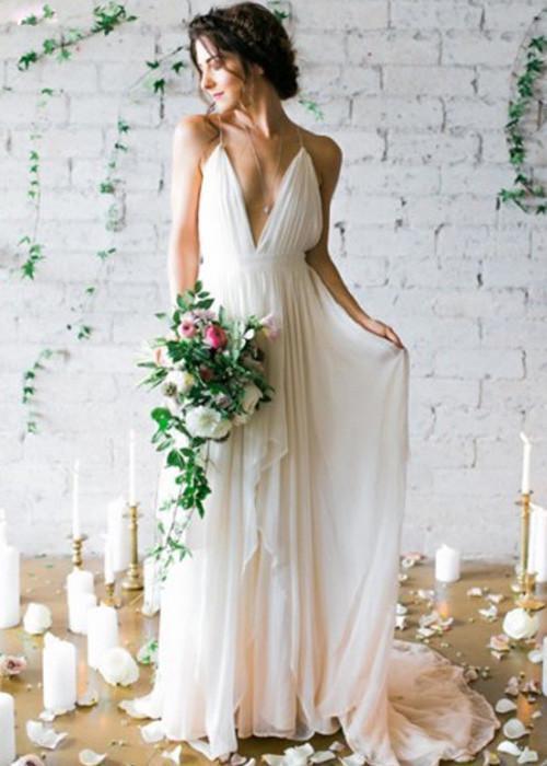 White V neck chiffon long prom dress white evening dress