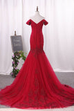 2024 Off The Shoulder Mermaid Evening Dresses Tulle With Applique And Ruffles PLCNZYYG