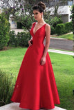 Simple Red V Neck A Line Satin Long Prom Dresses