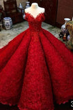 Ball Gown Red V Neck Long Off the Shoulder Prom Dresses, Quinceanera Dresses STI15563