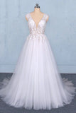 Sexy V Neck Tulle Wedding Dress With Lace Appliques A Line Backless PLSBP35E