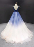 Ball Gown Ombre V Neck Tulle Royal Blue Long Prom Dresses, Quinceanera Dresses STI15067