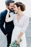 3/4 Sleeves Chiffon Beach Wedding Dress With Lace V Neck Backless PGHZ3KKD