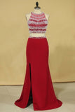 2024 Red Two Pieces Column Scoop Prom Dresses Burgundy Chiffon & Tulle With Beads PGY69K99