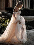 Princess Long Puff Sleeves Off the Shoulder Tulle Wedding Dresses, Beach Wedding Gowns STI15298