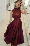 2024 High Neck Prom Dresses A Line Satin Appliques With Beads P6Z84SRF