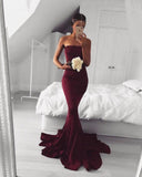 New Sexy Mermaid Burgundy Long Strapless Sleeveless Floor Length Prom Dresses