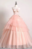 Princess Ball Gown Pink 3D Lace Multi-layered Prom Dresses, Tulle Quinceanera Dresses STI15292
