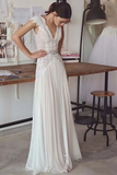Unique V Neck Cap Sleeves Chiffon Beach Wedding Dress With Beading STIPGG9HAF7