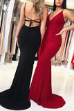 Simple V Neck Mermaid Backless Black Spaghetti Straps Prom Dresses Long Party Dress STI15403