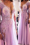 Long Sleeves Scoop Prom Dresses A Line Chiffon With Applique PJ25HLKQ