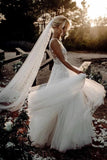 Elegant A Line V Neck Tulle Wedding Dresses With Flowers V Back Beach Wedding STIPEKH2P28