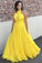 Yellow A Line Floor Length Halter Sleeveless Backless Bridesmaid Dresses