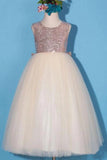 Princess Gold Sequin Shiny Round Neck Flower Girl Dresses with Bowknot, Baby Dresses STI15589