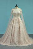 2024 A Line Tulle Prom Dresses With Beading Sweep Train PMMNZ433