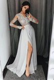 Beautiful Silver Chiffon Lace V-Neck Simple Cheap Elegant Prom Dresses PA2CLL2L