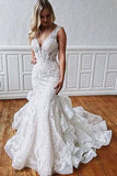 Stunning Mermaid Lace V Neck Backless Wedding Dresses Straps Wedding Gowns STI15438