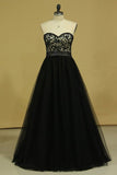 2024 Plus Size Black A Line Prom Dresses Sweetheart Tulle With Applique & Beads Floor PKZS8EXC