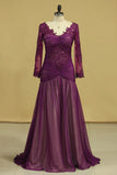 2024 Grape V Neck Long Sleeves Mermaid Evening Dresses Chiffon With Applique And PBGN5949
