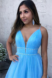 A Line Sky Blue Spaghetti Straps V Neck Tulle Prom Dresses, Cheap Evening Dresses STI15554