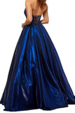 A Line Royal Blue Satin Sweetheart Strapless Prom Dresses with Pockets, Evening Dress STI15553