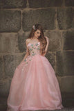 Princess Ball Gown Sweetheart Pink One Shoulder Prom Dresses, Quinceanera Dresses STI15296