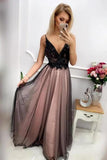 V Neck Tulle Long Prom Dress With Appliques Floor Length Backless PNMSBMEA