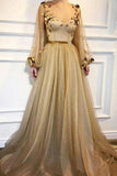 Elegant 3D Flowers Long Sleeve Prom Dresses Golden Rhinestone Evening Dresses STI15143