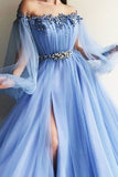 Newest Long Beading Lace Tulle A-Line Blue Prom Dresses PS1F6R74