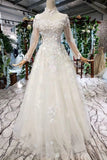 Princess Tulle High Neck Long Sleeve Handmade Flowers Lace up Prom Dresses