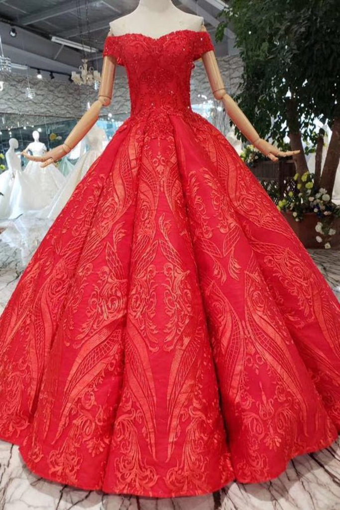 Red Off The Shoulder Lace Appliques Beads with Lace up Prom Dress Quinceanera Dresses