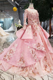 Long Sleeve Ball Gown High Neck With Lace Applique Beads Lace up Prom Dresses