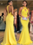 Sexy Sheath Halter Floor Length Ruffles Satin Prom Dresses Yellow Long Formal Dresses