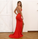 Sexy Mermaid Spaghetti Straps V Neck Red Side Slit Satin Long Prom Dresses